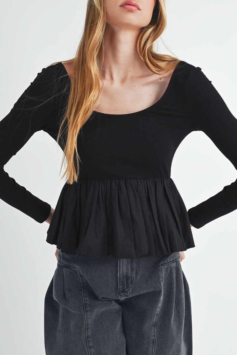 Black Ribbed Knit Long Sleeve Scoop Neck Peplum Patchwork Top - Love Salve